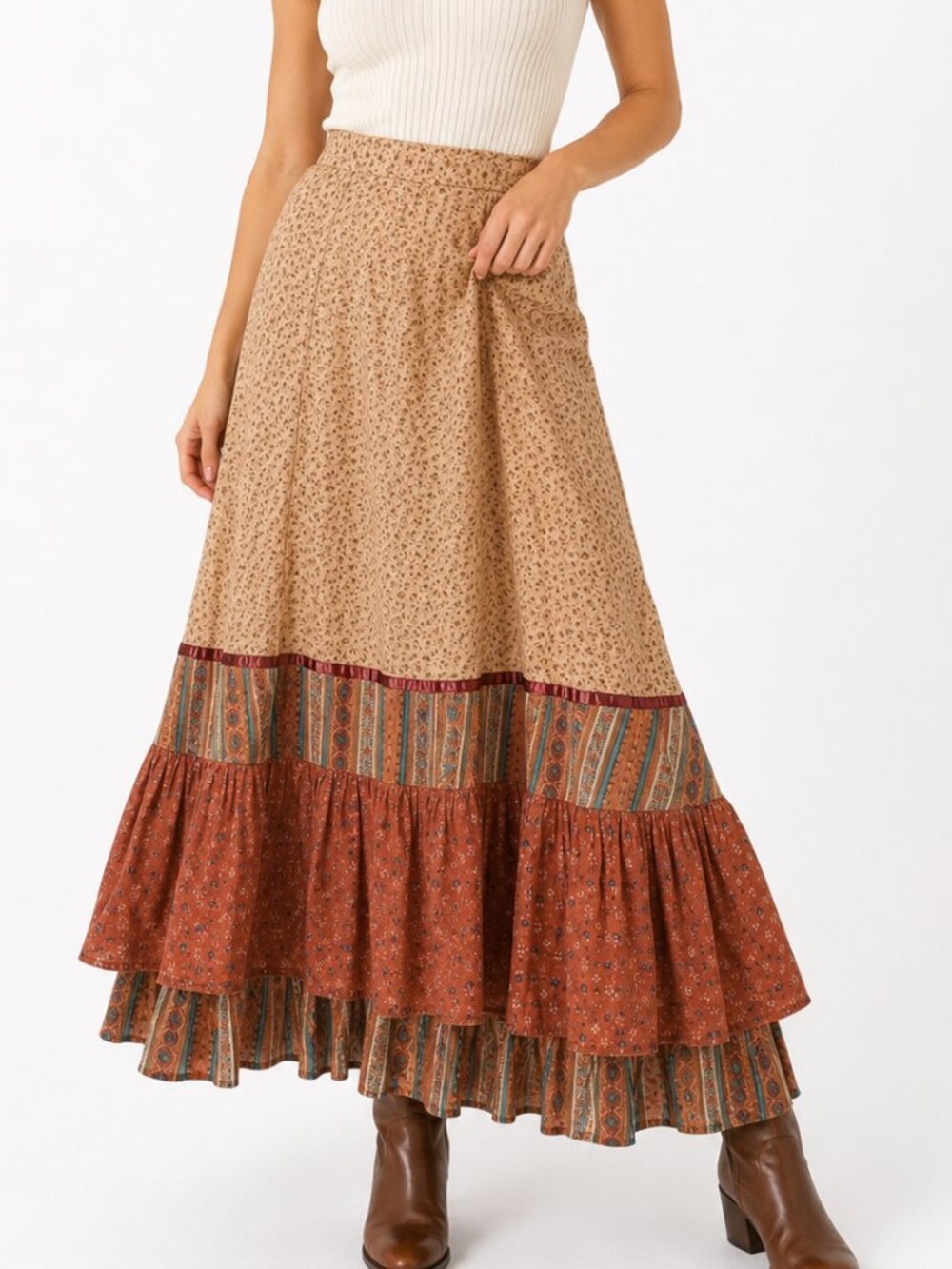 Vintage Prairie Cottagecore Patchwork Tiered Maxi Skirt Women’s XS S Boho Floral